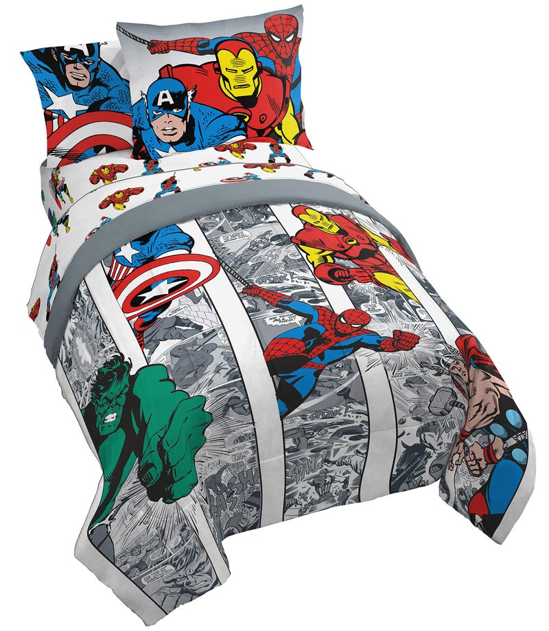 Jay Franco Marvel Avengers Comic Cool 7 Piece Full Bed Set - Includes Comforter & Sheet Set - Bedding Features Captain America, Spiderman, Iron Man, Hulk, & Thor - Super Soft - Image 1